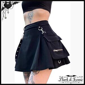 High Waisted Pleated Mini Skirt with Chain Pocket Zipper Closure
